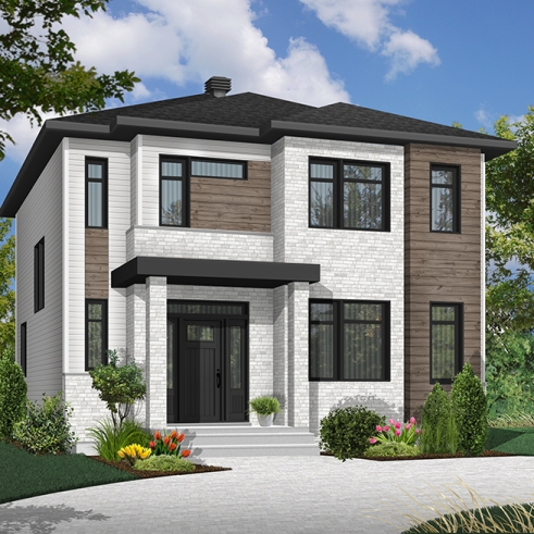 front - BASE MODEL - Modern open floor plan house plan, affordable 3 bedroom home, open floor plan, large island counter - Captiva
