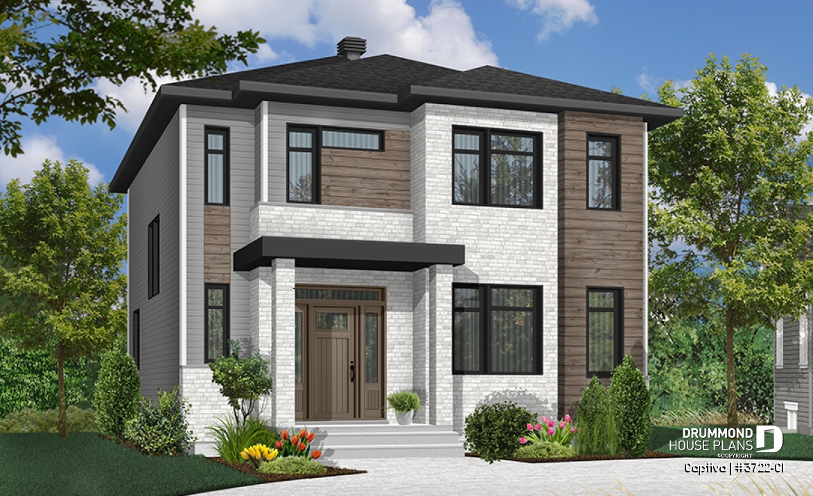 front - BASE MODEL - Modern open floor plan house plan, affordable 3 bedroom home, open floor plan, large island counter - Captiva