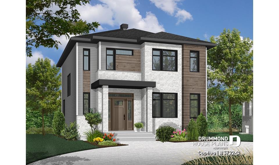 front - BASE MODEL - Modern open floor plan house plan, affordable 3 bedroom home, open floor plan, large island counter - Captiva