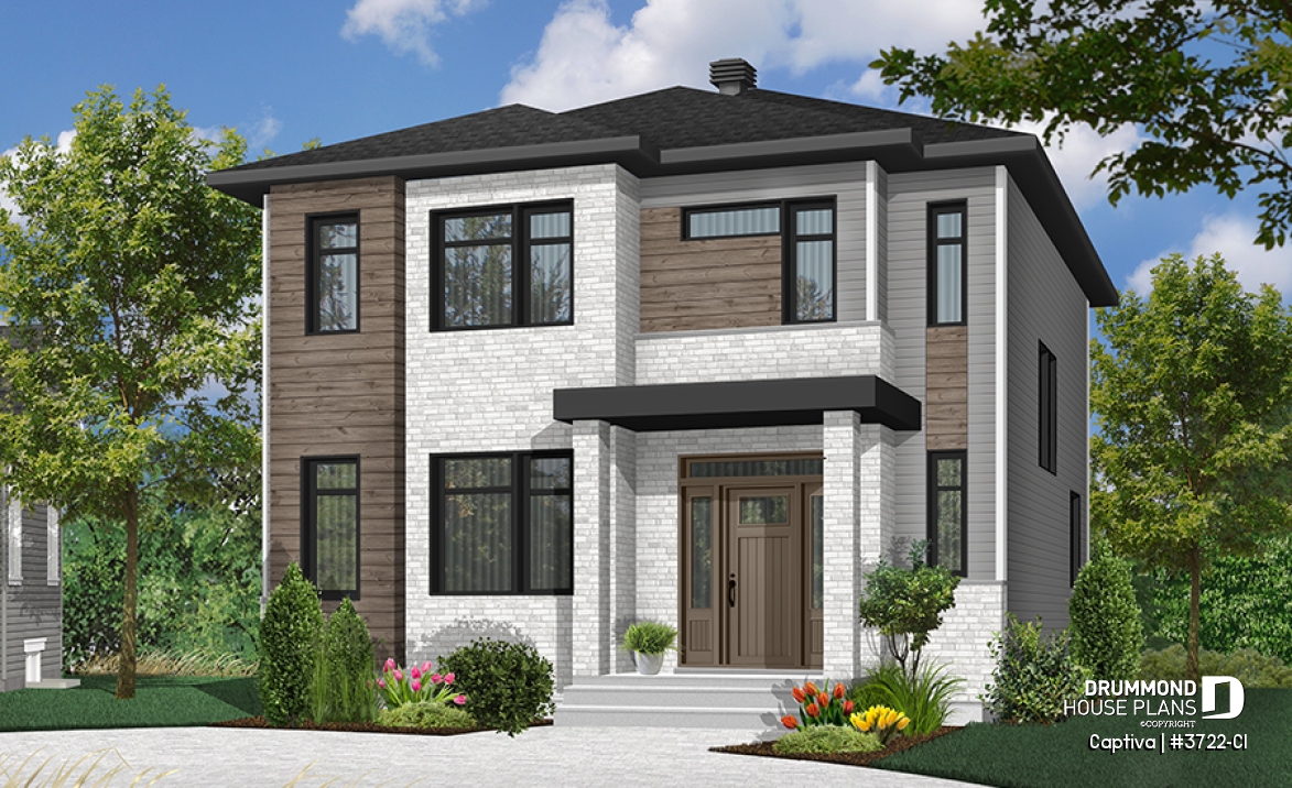 front - BASE MODEL - Modern open floor plan house plan, affordable 3 bedroom home, open floor plan, large island counter - Captiva