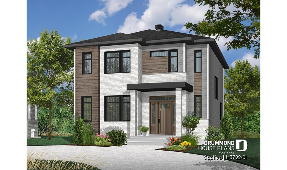 front - BASE MODEL - Modern open floor plan house plan, affordable 3 bedroom home, open floor plan, large island counter - Captiva