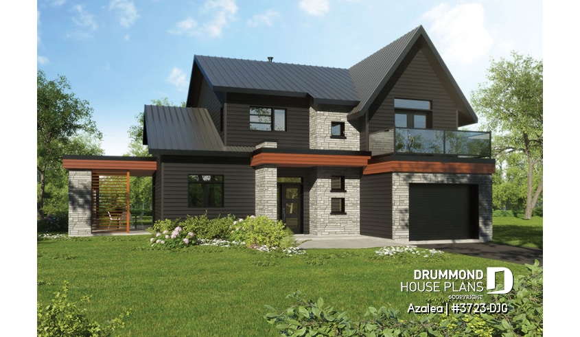 Color version 1 - Front - 3 to 4 bedroom Modern Scandinavian house, master w/ private balcony, covered deck, den on main floor - Azalea