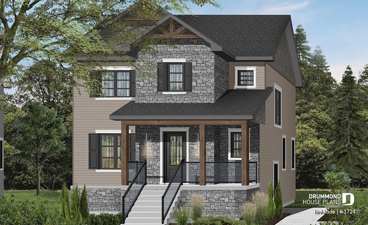 front - BASE MODEL - Economical modern rustic 2-storey home plan, open concept, large kitchen island, 3 bedrooms, large family bath - Kinkade