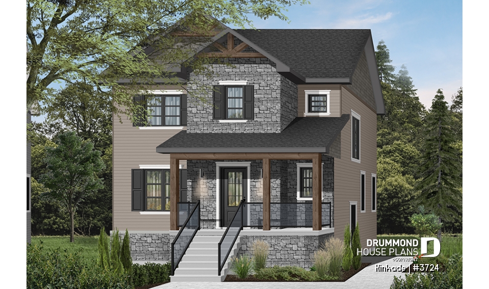 front - BASE MODEL - Economical modern rustic 2-storey home plan, open concept, large kitchen island, 3 bedrooms, large family bath - Kinkade