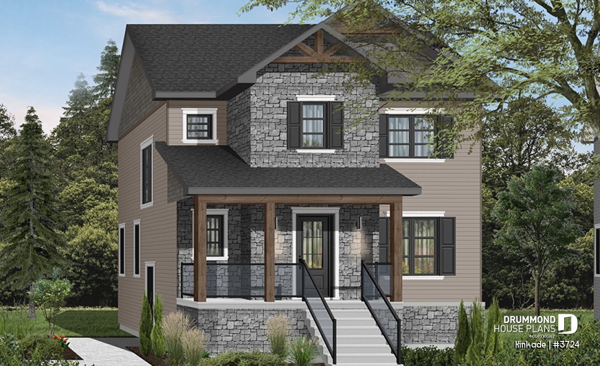front - BASE MODEL - Economical modern rustic 2-storey home plan, open concept, large kitchen island, 3 bedrooms, large family bath - Kinkade