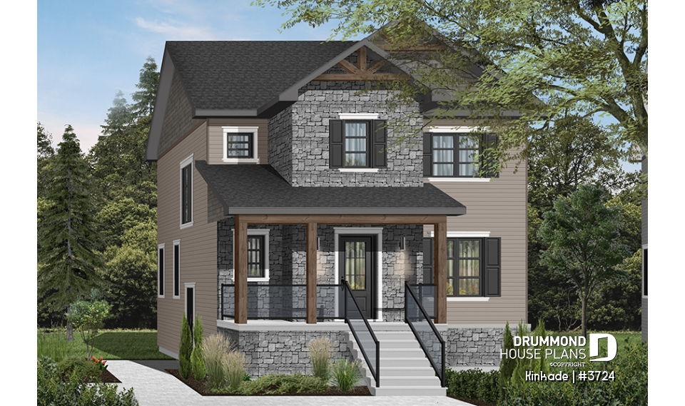 front - BASE MODEL - Economical modern rustic 2-storey home plan, open concept, large kitchen island, 3 bedrooms, large family bath - Kinkade