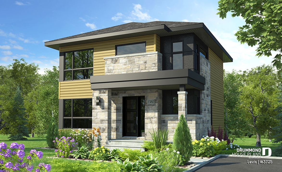 front - BASE MODEL - Modern house plan with kitchen island &amp; pantry, laundry on main floor, 3 bedrooms, large family bathroom - Levis