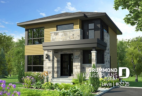 front - BASE MODEL - Modern house plan with kitchen island & pantry, laundry on main floor, 3 bedrooms, large family bathroom - Levis