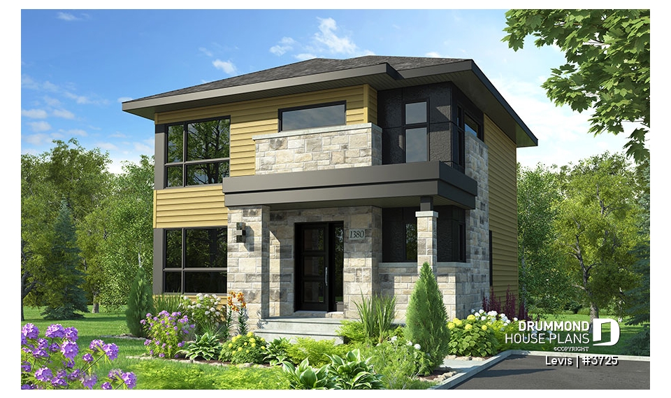 front - BASE MODEL - Modern house plan with kitchen island &amp; pantry, laundry on main floor, 3 bedrooms, large family bathroom - Levis