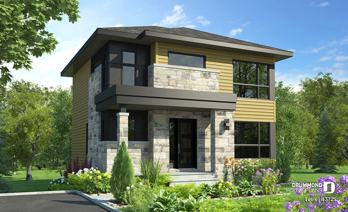 front - BASE MODEL - Modern house plan with kitchen island &amp; pantry, laundry on main floor, 3 bedrooms, large family bathroom - Levis