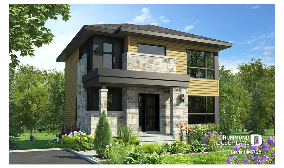front - BASE MODEL - Modern house plan with kitchen island &amp; pantry, laundry on main floor, 3 bedrooms, large family bathroom - Levis