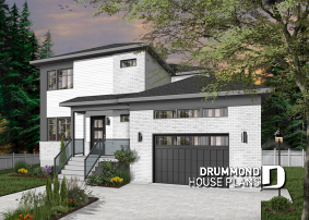 Color version 2 - Front - Modern 3 to 4 bedroom house plan with garage, home office, open kitchen, dining and living room, master suite - Montarville