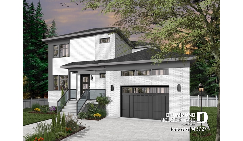Color version 2 - Front - Modern 3 to 4 bedroom house plan with garage, home office, open kitchen, dining and living room, master suite - Montarville
