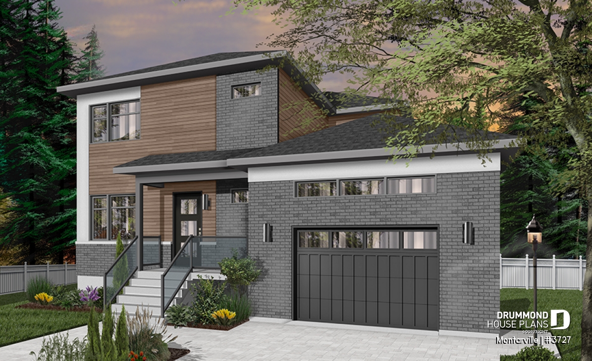Color version 6 - Front - Modern 3 to 4 bedroom house plan with garage, home office, open kitchen, dining and living room, master suite - Montarville