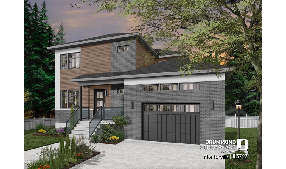 Color version 6 - Front - Modern 3 to 4 bedroom house plan with garage, home office, open kitchen, dining and living room, master suite - Montarville