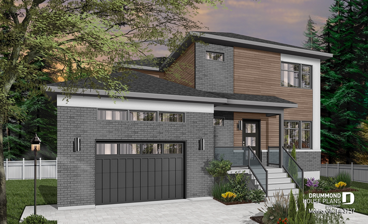 Color version 6 - Front - Modern 3 to 4 bedroom house plan with garage, home office, open kitchen, dining and living room, master suite - Montarville