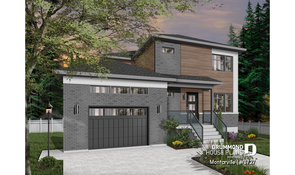 Color version 6 - Front - Modern 3 to 4 bedroom house plan with garage, home office, open kitchen, dining and living room, master suite - Montarville