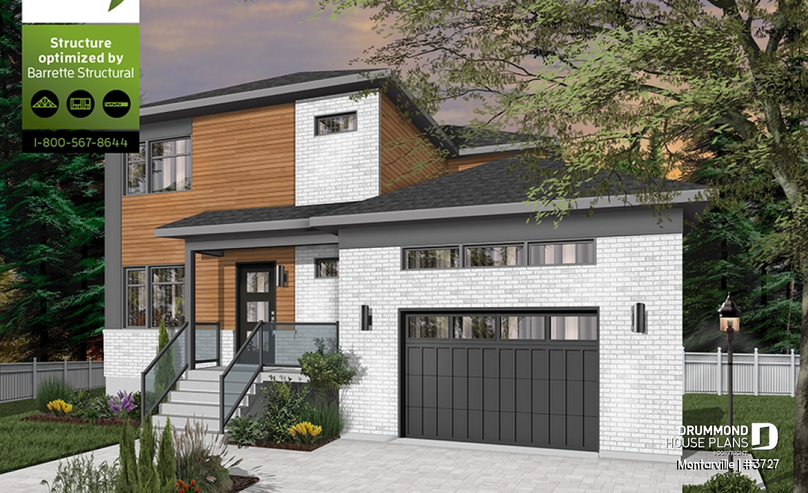 front - BASE MODEL - Modern 3 to 4 bedroom house plan with garage, home office, open kitchen, dining and living room, master suite - Montarville