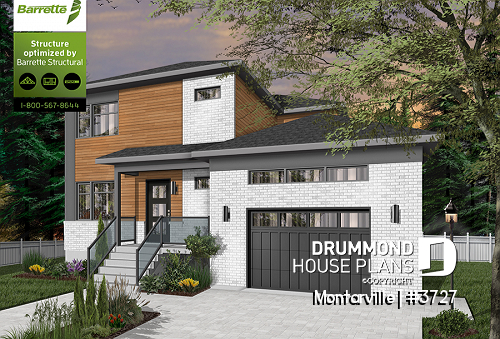 front - BASE MODEL - Modern 3 to 4 bedroom house plan with garage, home office, open kitchen, dining and living room, master suite - Montarville