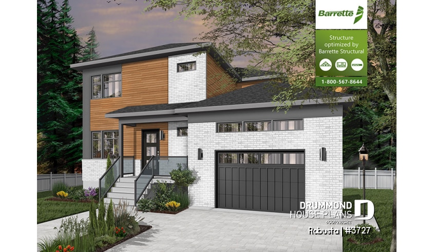 front - BASE MODEL - Modern 3 to 4 bedroom house plan with garage, home office, open kitchen, dining and living room, master suite - Montarville