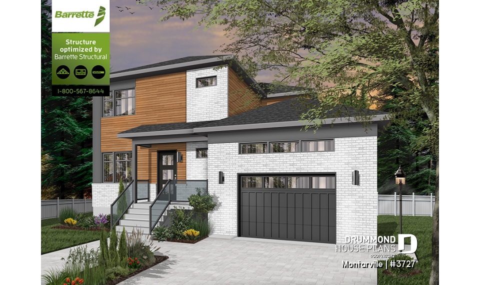 front - BASE MODEL - Modern 3 to 4 bedroom house plan with garage, home office, open kitchen, dining and living room, master suite - Montarville