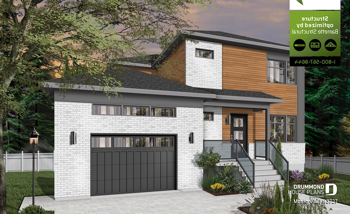 front - BASE MODEL - Modern 3 to 4 bedroom house plan with garage, home office, open kitchen, dining and living room, master suite - Montarville