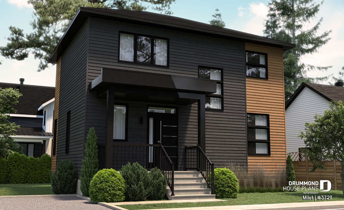 Color version 1 - Front - 2-story contemporary home, 3 bedroom and 1.5 baths, mud room, economical to build, open concept floor plan - Milot