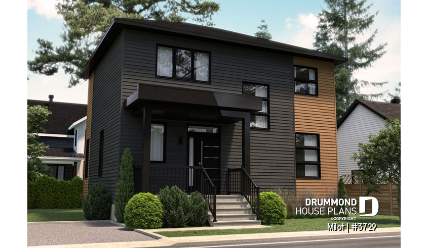 Color version 1 - Front - 2-story contemporary home, 3 bedroom and 1.5 baths, mud room, economical to build, open concept floor plan - Milot