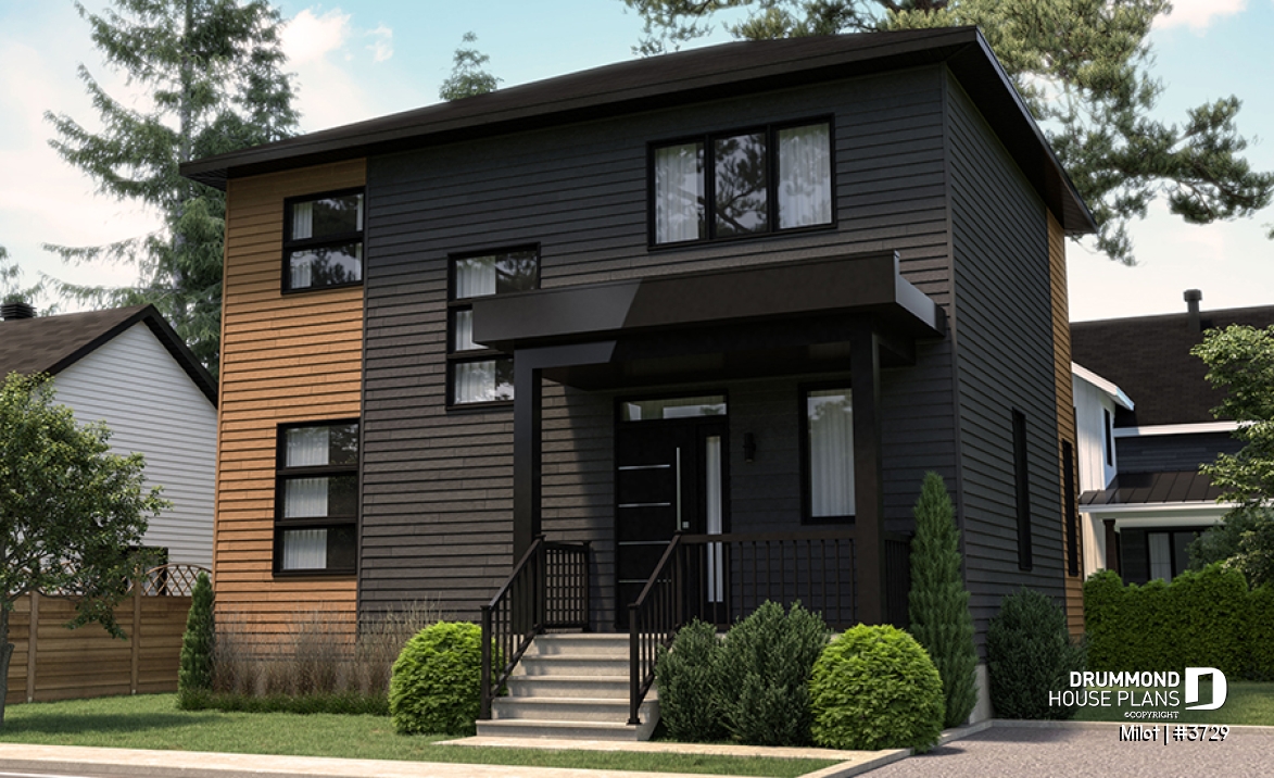 Color version 1 - Front - 2-story contemporary home, 3 bedroom and 1.5 baths, mud room, economical to build, open concept floor plan - Milot