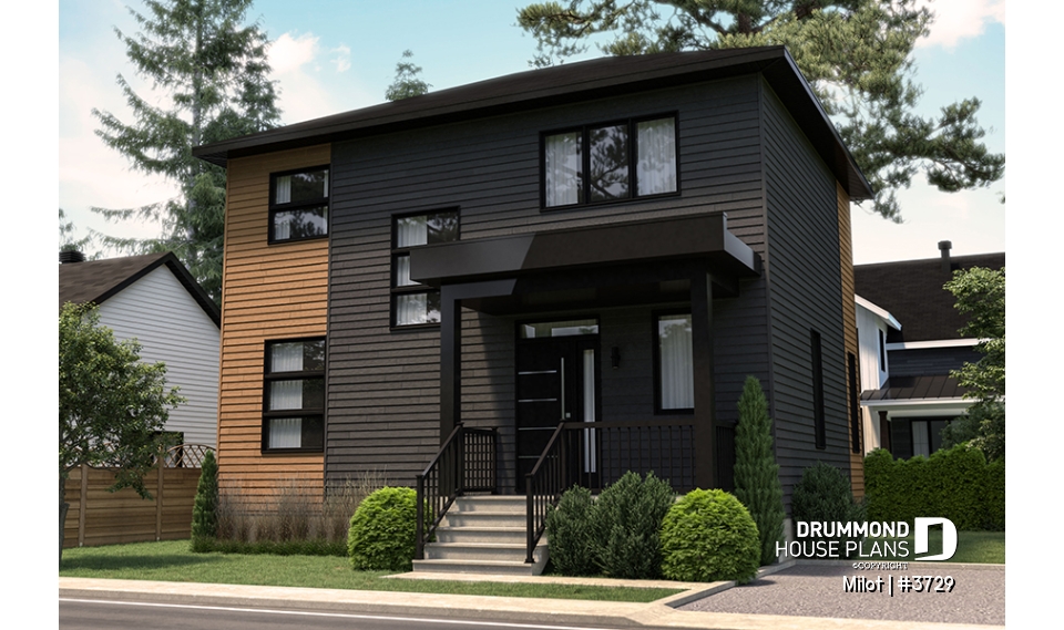 Color version 1 - Front - 2-story contemporary home, 3 bedroom and 1.5 baths, mud room, economical to build, open concept floor plan - Milot