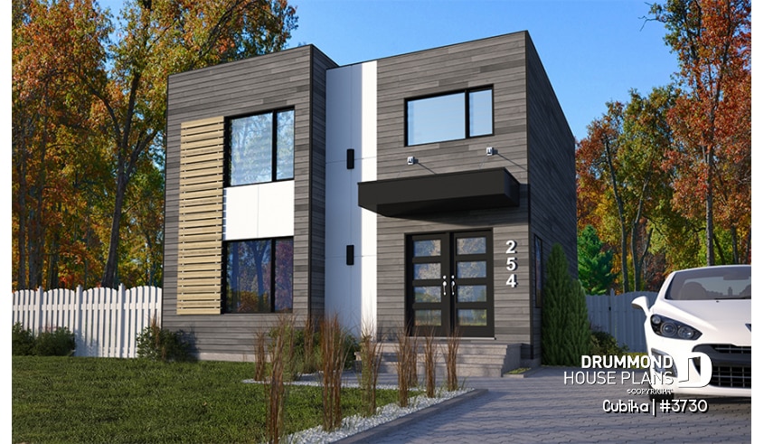 front - BASE MODEL - Small and compact 2 story modern home plan, 3 bedrooms, laundry on second floor, large pantry - Cubika