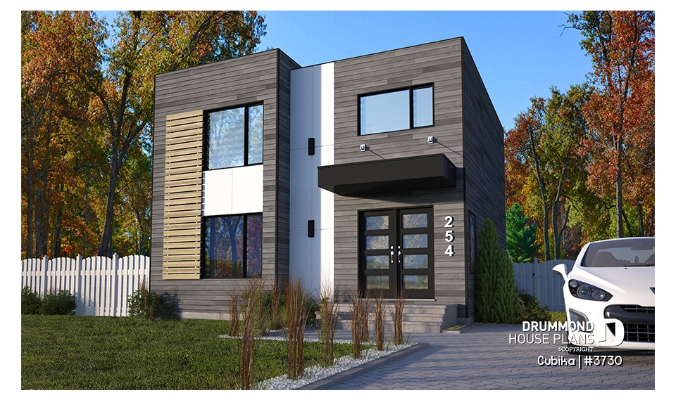front - BASE MODEL - Small and compact 2 story modern home plan, 3 bedrooms, laundry on second floor, large pantry - Cubika