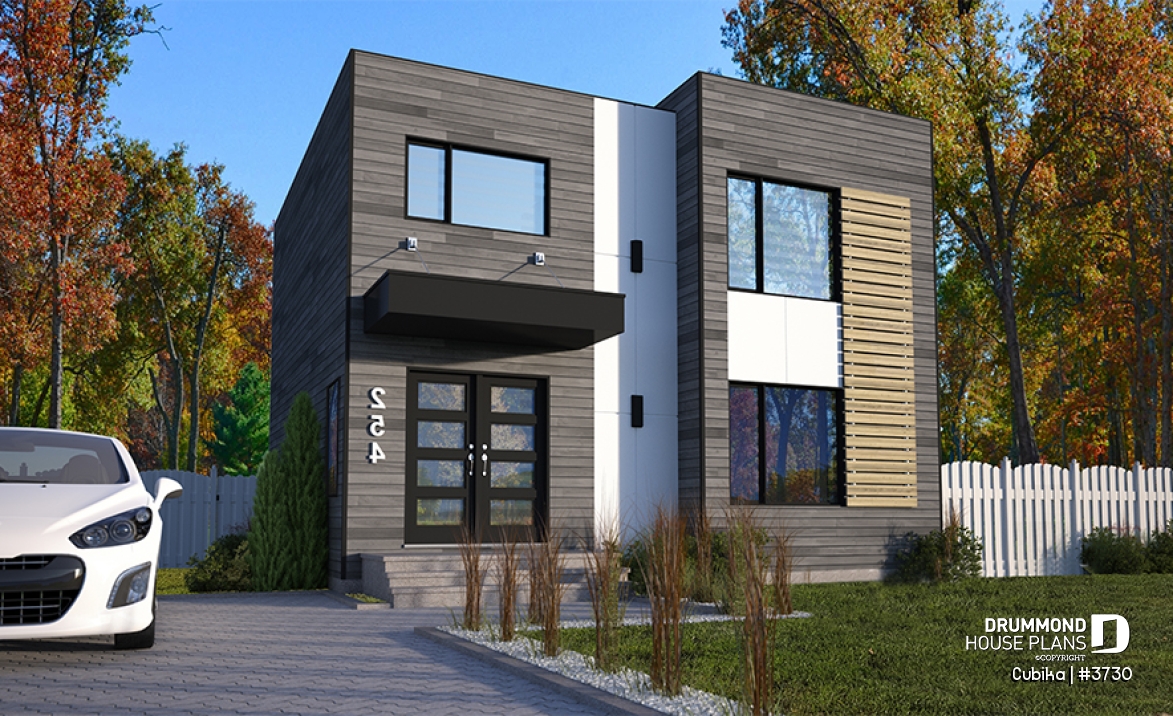 front - BASE MODEL - Small and compact 2 story modern home plan, 3 bedrooms, laundry on second floor, large pantry - Cubika