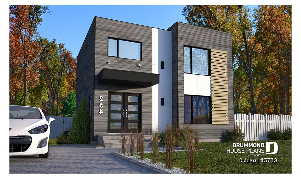 front - BASE MODEL - Small and compact 2 story modern home plan, 3 bedrooms, laundry on second floor, large pantry - Cubika