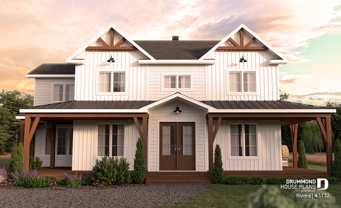 alternate - Farmhouse home plan with wrap around porch, 4 bedrooms, 2.5 baths, game room, den - Rivard