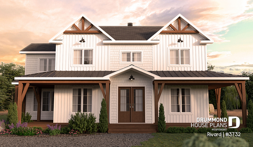 alternate - Farmhouse home plan with wrap around porch, 4 bedrooms, 2.5 baths, game room, den - Rivard