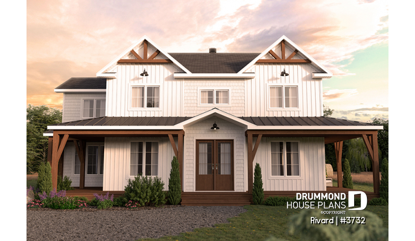 alternate - Farmhouse home plan with wrap around porch, 4 bedrooms, 2.5 baths, game room, den - Rivard