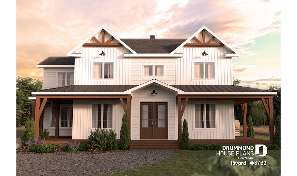 alternate - Farmhouse home plan with wrap around porch, 4 bedrooms, 2.5 baths, game room, den - Rivard