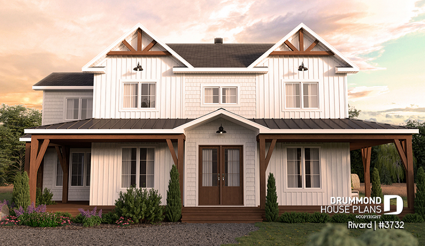 front - BASE MODEL - Farmhouse home plan with wrap around porch, 4 bedrooms, 2.5 baths, game room, den - Rivard