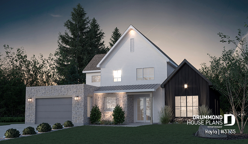 front - BASE MODEL - Classic style home plan with master suite on main floor, total 3 beds + home office - Kayla