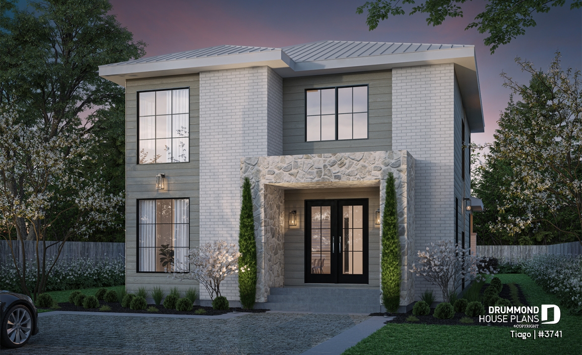 front - BASE MODEL - Modern house plan 3 to 5 bedrooms, office, 2.5 baths, master suite upstairs, optional finished basement ($) - Tiago