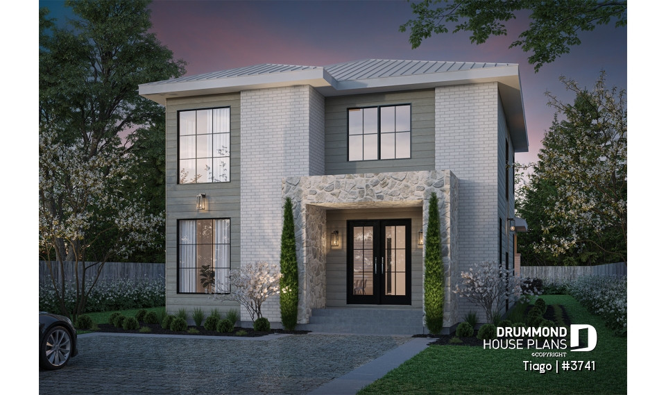 front - BASE MODEL - Modern house plan 3 to 5 bedrooms, office, 2.5 baths, master suite upstairs, optional finished basement ($) - Tiago