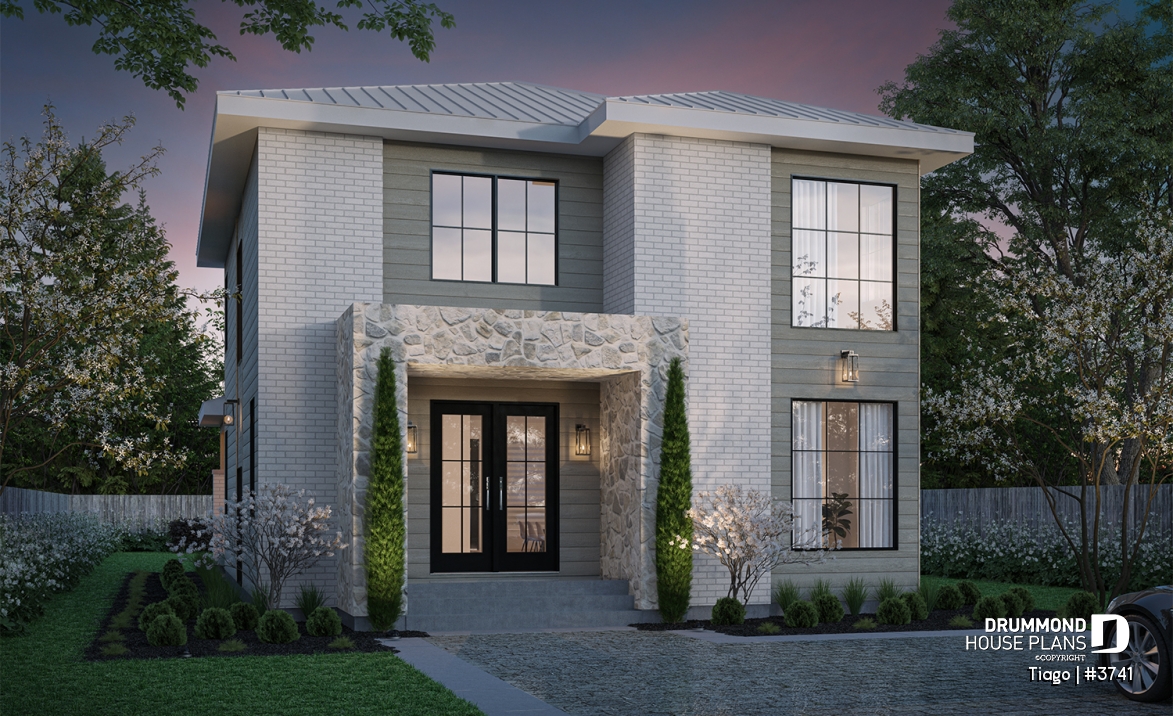 front - BASE MODEL - Modern house plan 3 to 5 bedrooms, office, 2.5 baths, master suite upstairs, optional finished basement ($) - Tiago