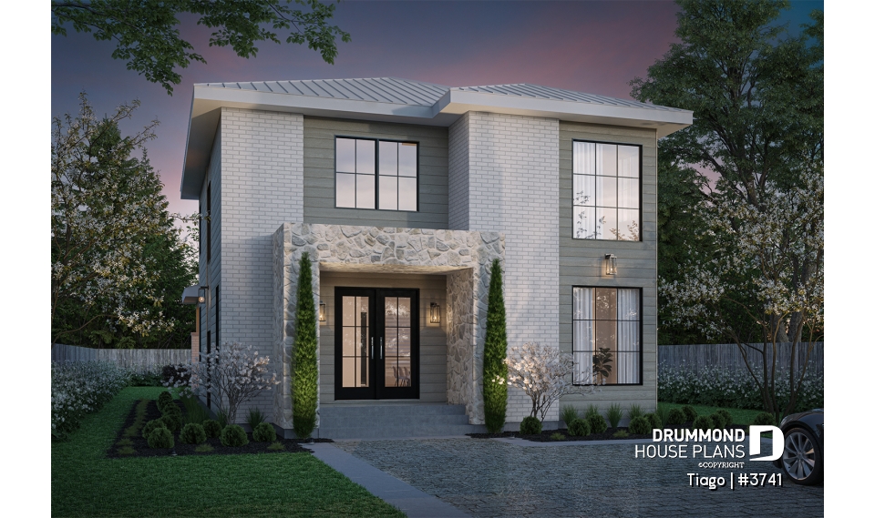 front - BASE MODEL - Modern house plan 3 to 5 bedrooms, office, 2.5 baths, master suite upstairs, optional finished basement ($) - Tiago