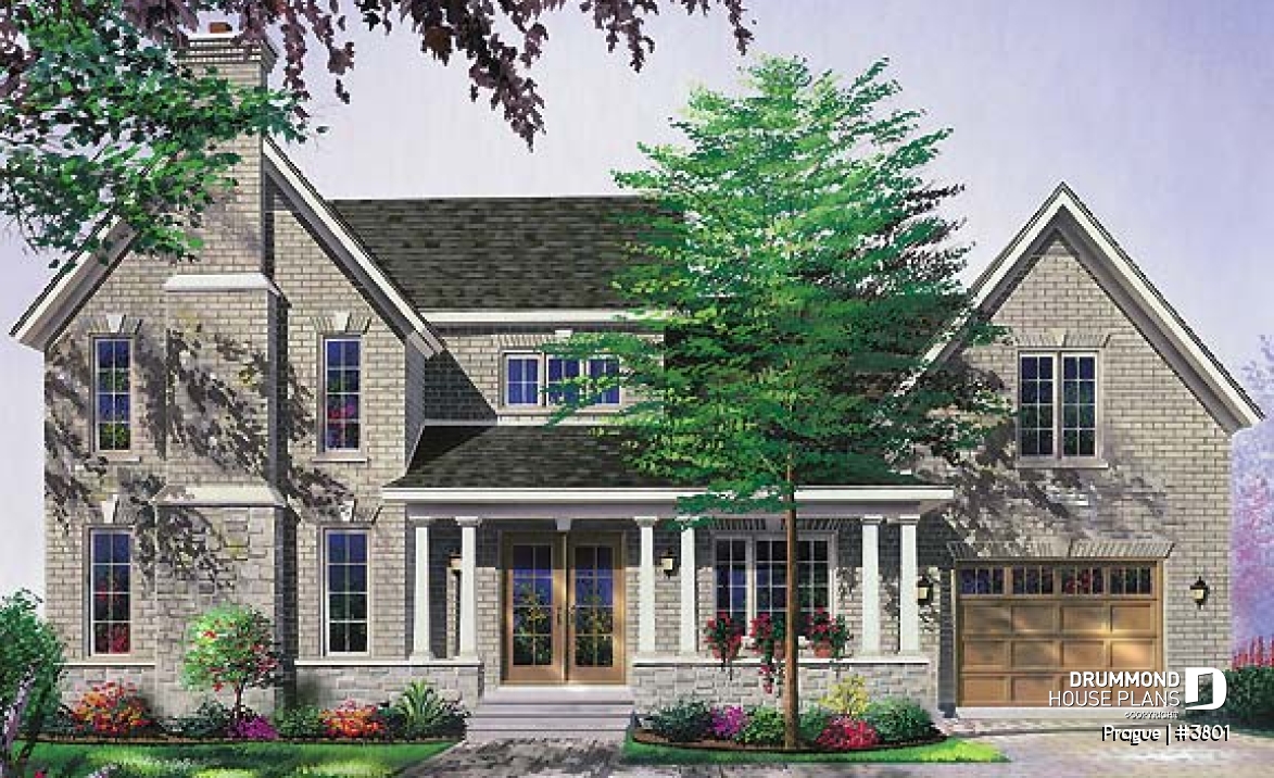 front - BASE MODEL - 3 bedroom 2 storey house plan with garage, formal dining room, TV room, breakfast nook - Prague