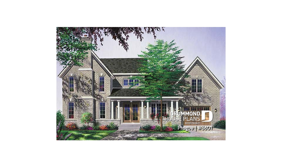 front - BASE MODEL - 3 bedroom 2 storey house plan with garage, formal dining room, TV room, breakfast nook - Prague