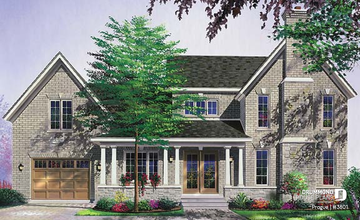 front - BASE MODEL - 3 bedroom 2 storey house plan with garage, formal dining room, TV room, breakfast nook - Prague