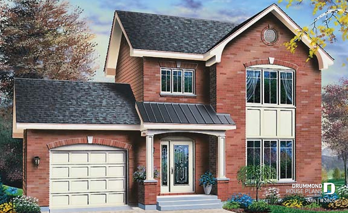 front - BASE MODEL - English inspired house design, 3 bedrooms, breakfast nook, master bedroom with walk-in, one-car garage - Ann