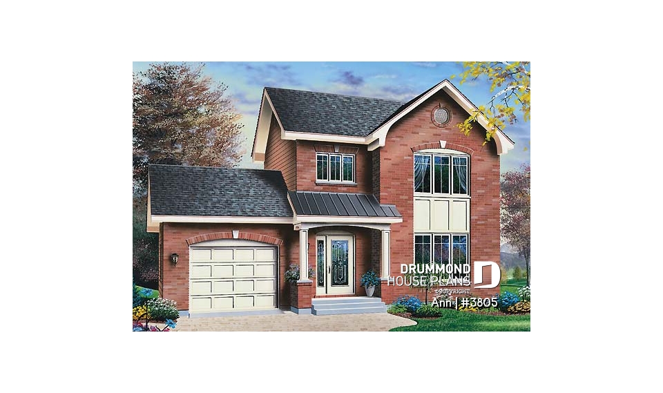 front - BASE MODEL - English inspired house design, 3 bedrooms, breakfast nook, master bedroom with walk-in, one-car garage - Ann