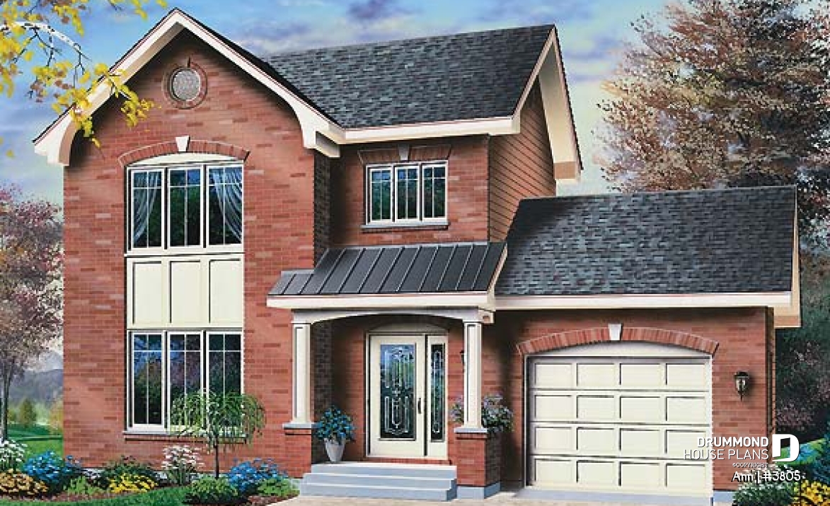 front - BASE MODEL - English inspired house design, 3 bedrooms, breakfast nook, master bedroom with walk-in, one-car garage - Ann